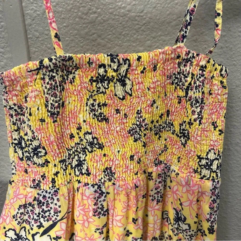 Lilly Pulitzer Girls Yellow Floral Tie Straps Smocked Bodice Dress Size Small